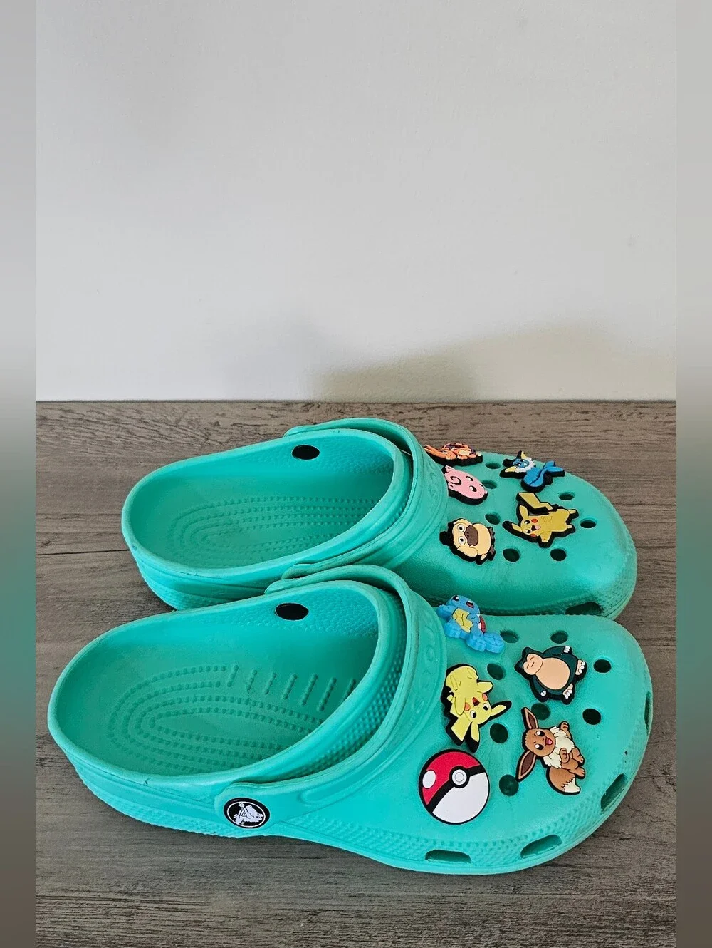Crocs Kids Teal Green Slip-On Clog Shoes with Pokémon Charms Boy J 3